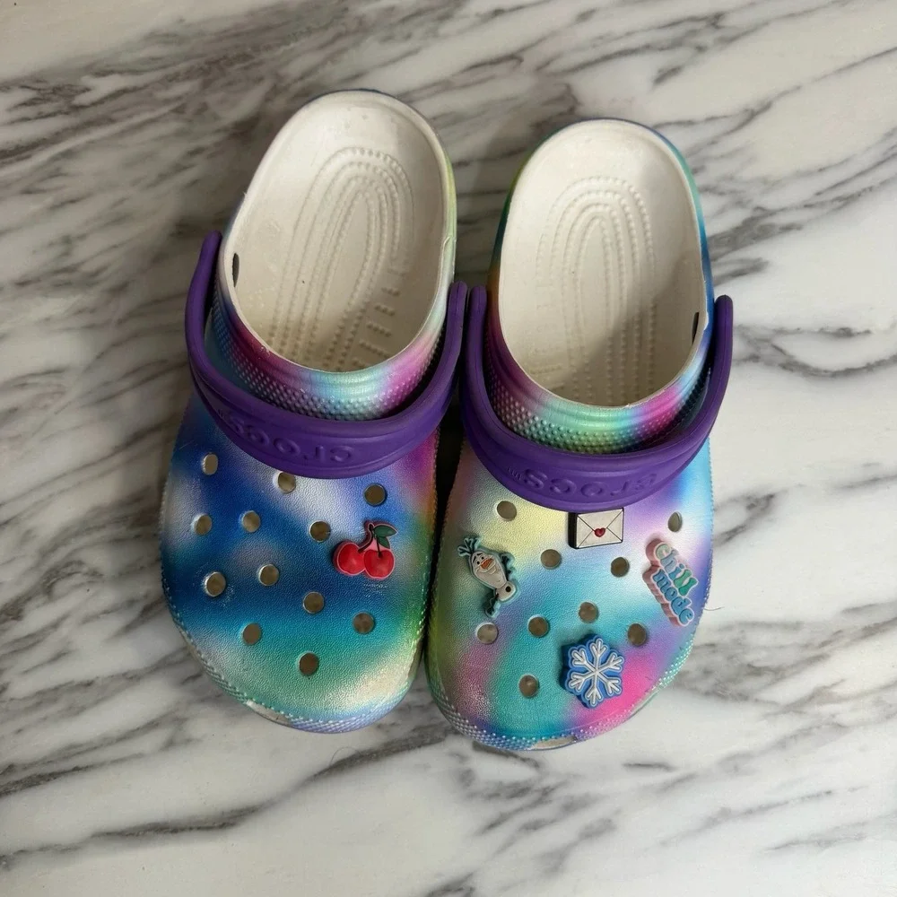 Crocs Kids Classic Purple Blue Marbled Clogs Girls Size J3 Charms Slip on Shoes